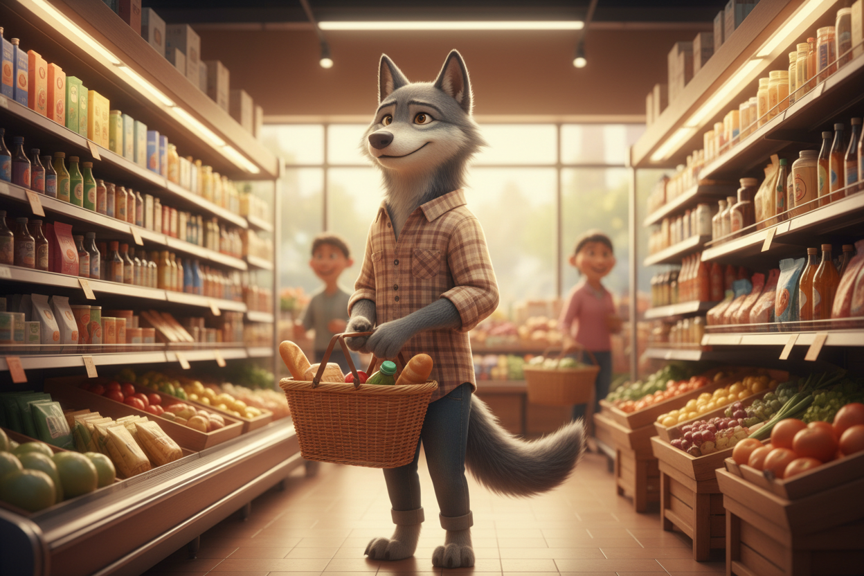 un lobo comprando productos 